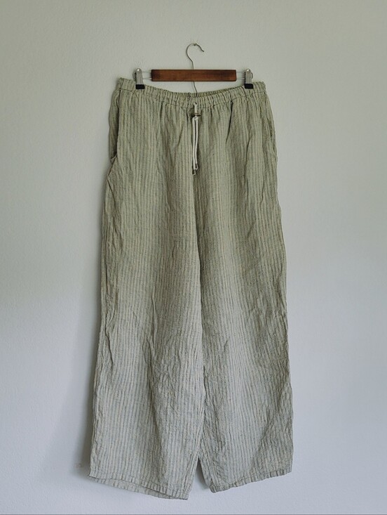 Flax Pants - FLAX Jeanne Engelhart Linen Pants Large Sage Stripe Wide Leg Lagenlook